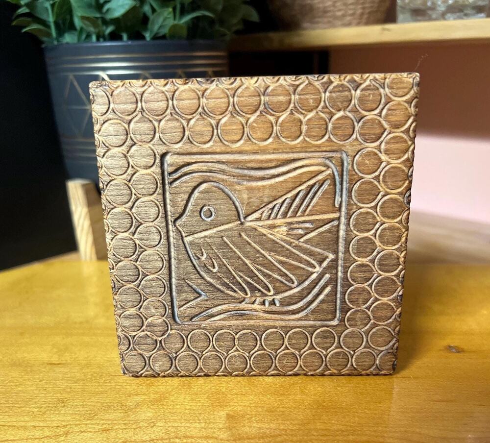 1970s Polish Folk Art Hand Carved Wooden Box, Bird Motif Trinket Chest